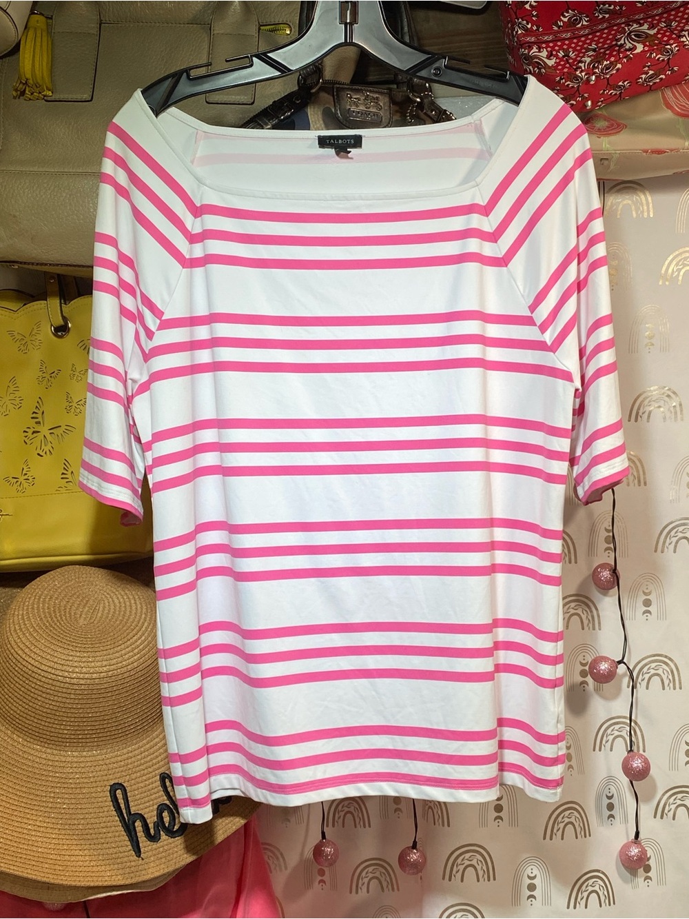 Talbots White and Hot Pink Striped Boatneck Short Sleeve Top